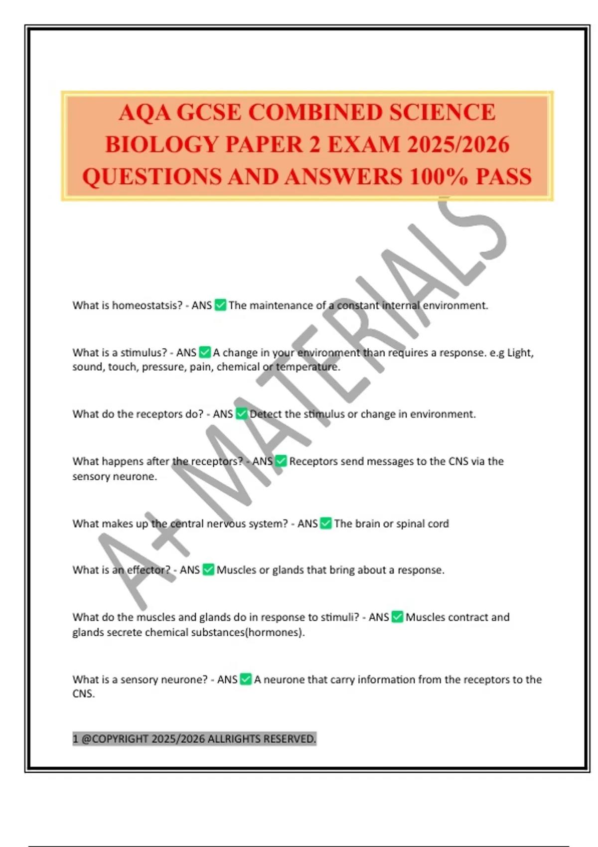 AQA GCSE COMBINED SCIENCE BIOLOGY PAPER 2 EXAM 2025/2026 QUESTIONS AND ...