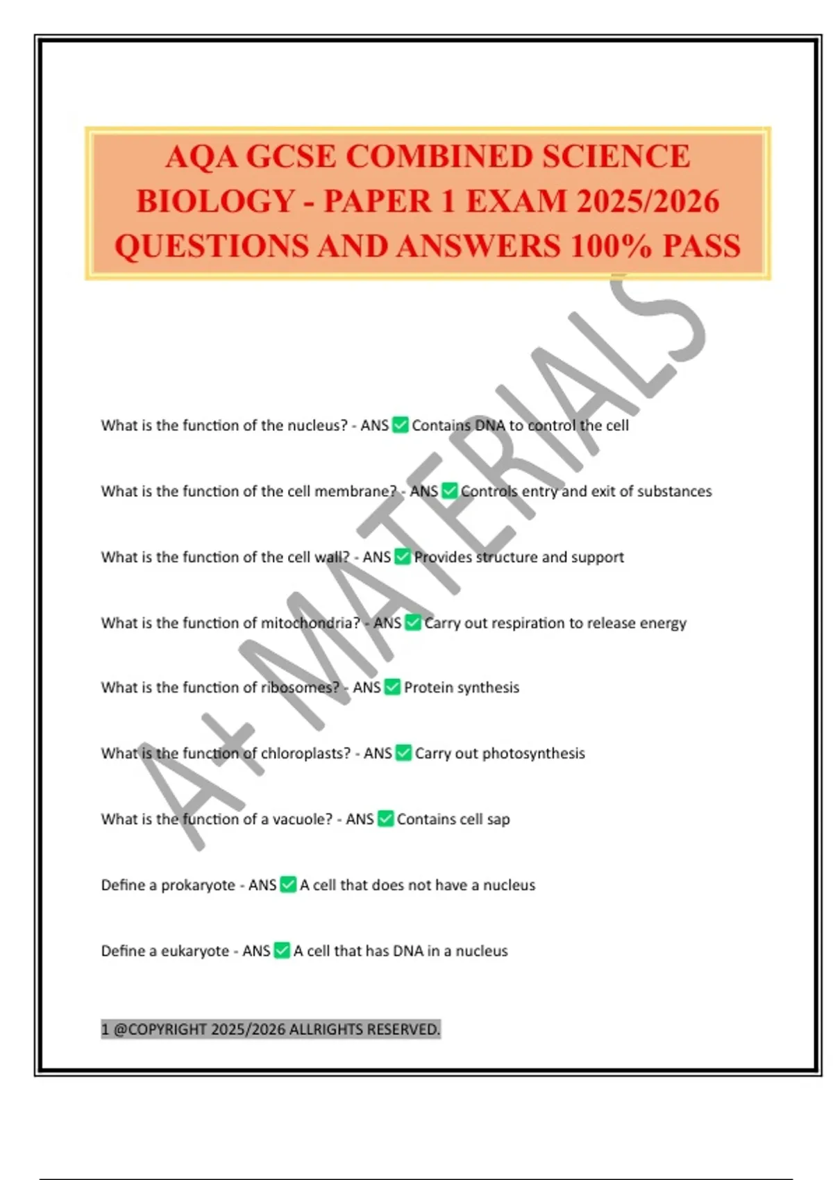 AQA GCSE COMBINED SCIENCE BIOLOGY - PAPER 1 EXAM 2025/2026 QUESTIONS ...