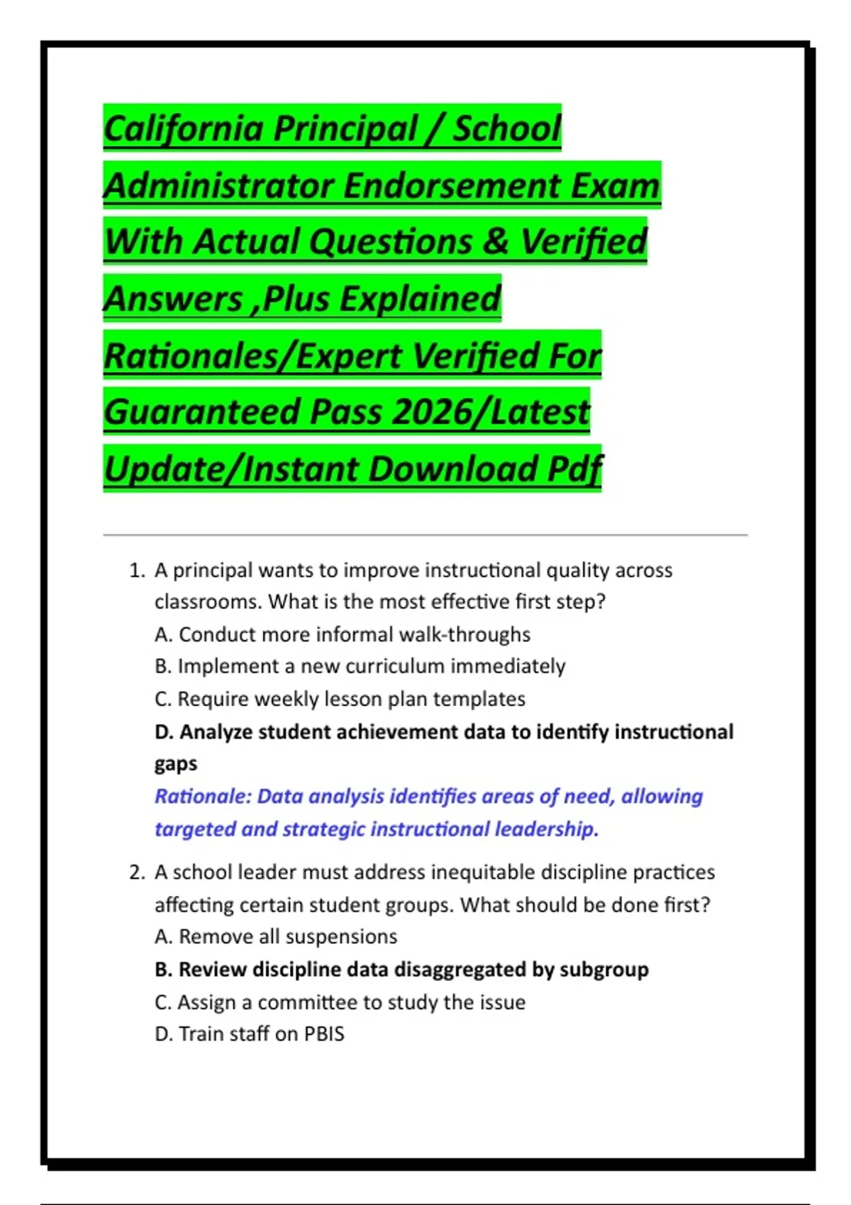 California Principal / School Administrator Endorsement Exam With Actual Questions &amp; Verified ...