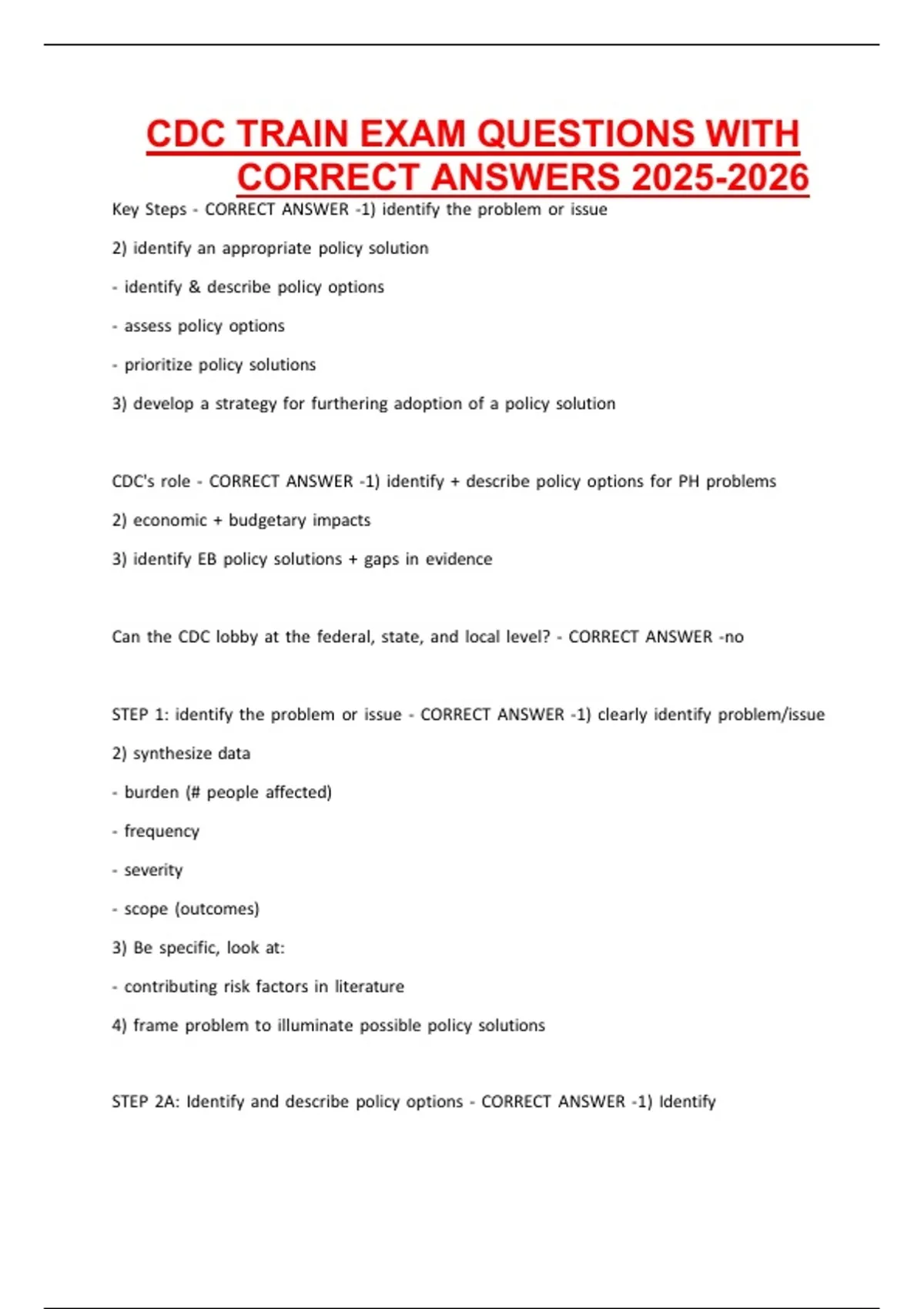 CDC TRAIN EXAM QUESTIONS WITH CORRECT ANSWERS - CDC - Stuvia US