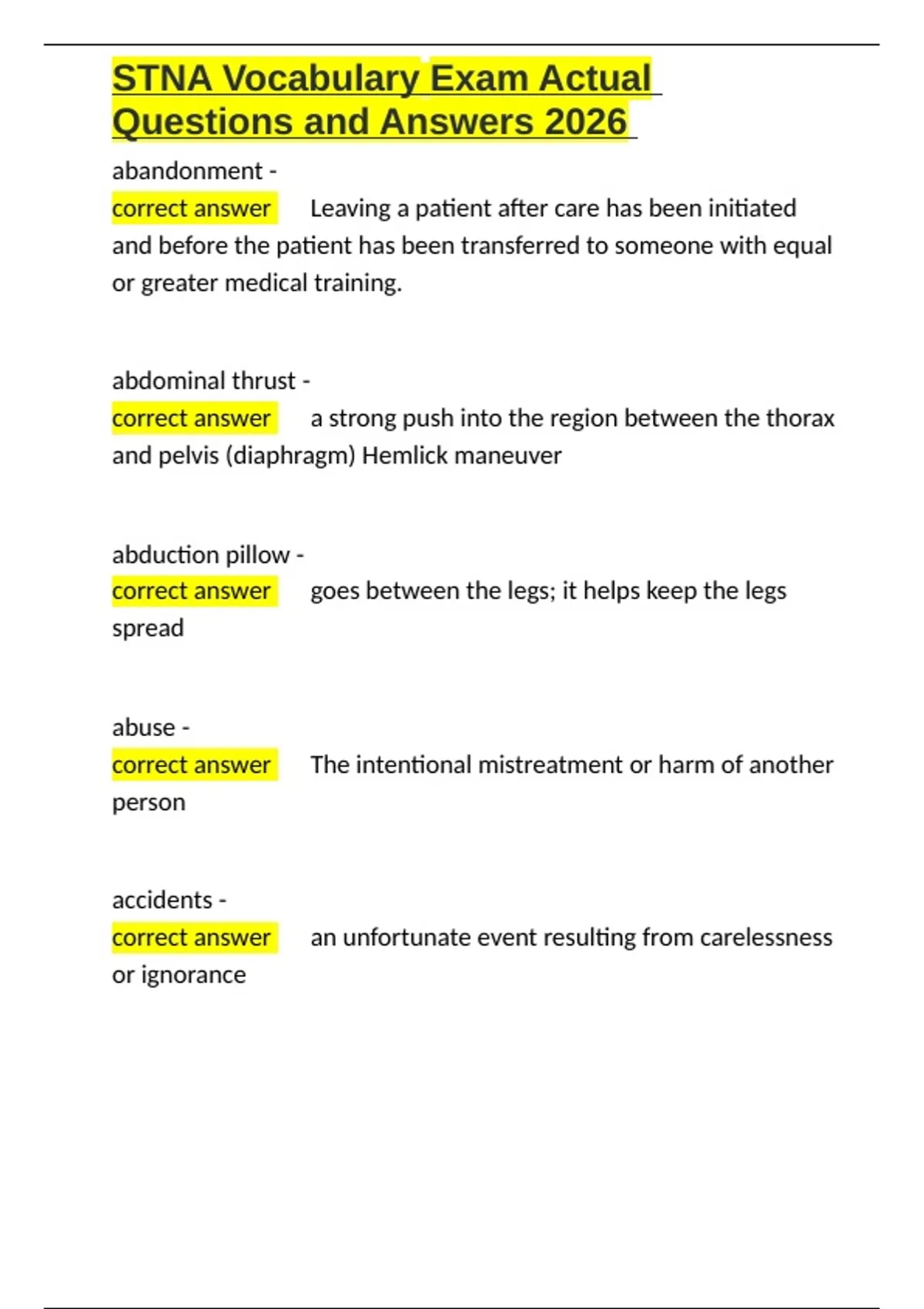 Stna Interview Questions STNA Vocabulary Exam Actual Questions and Answers 2026.docx - Stna ...