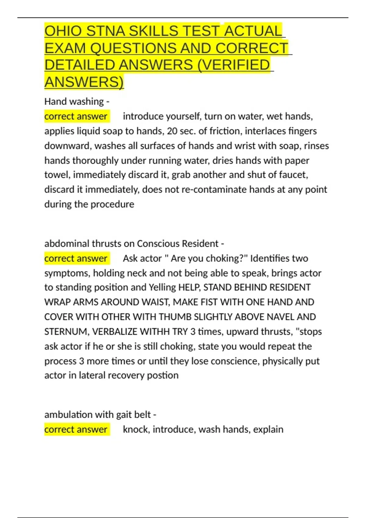 Stna Interview Questions OHIO STNA SKILLS TEST ACTUAL EXAM QUESTIONS AND CORRECT DETAILED ...