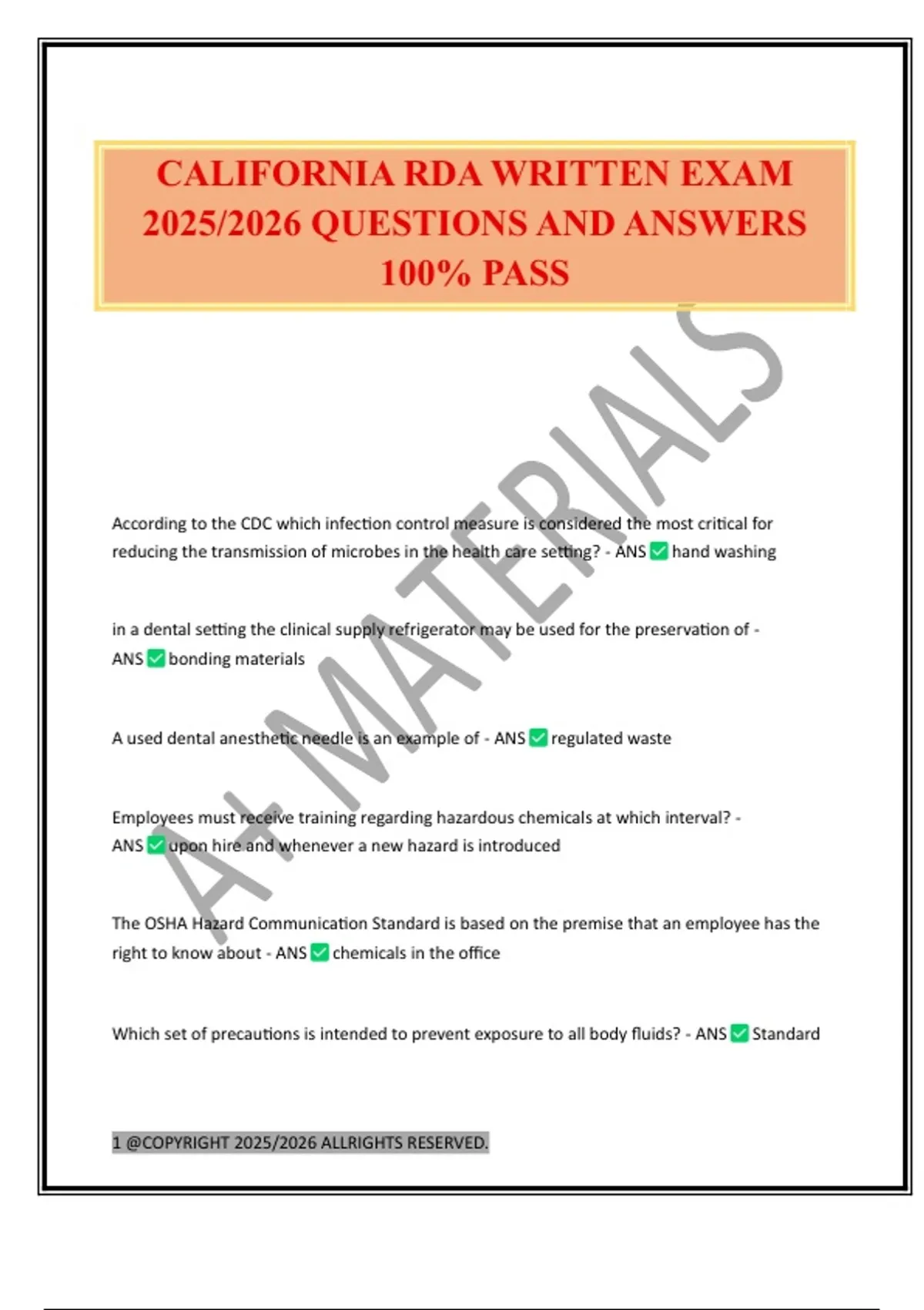 CALIFORNIA RDA WRITTEN EXAM 2025/2026 QUESTIONS AND ANSWERS 100% PASS ...