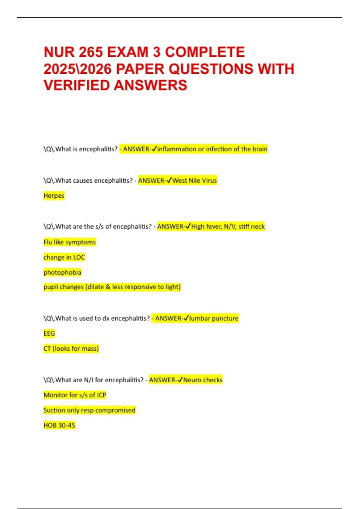 NUR 265 EXAM 3 COMPLETE PAPER QUESTIONS WITH VERIFIED ANSWERS - NUR 265 ...