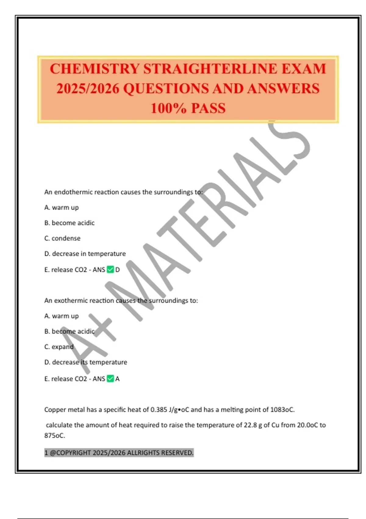 CHEMISTRY STRAIGHTERLINE EXAM 2025/2026 QUESTIONS AND ANSWERS 100% PASS ...