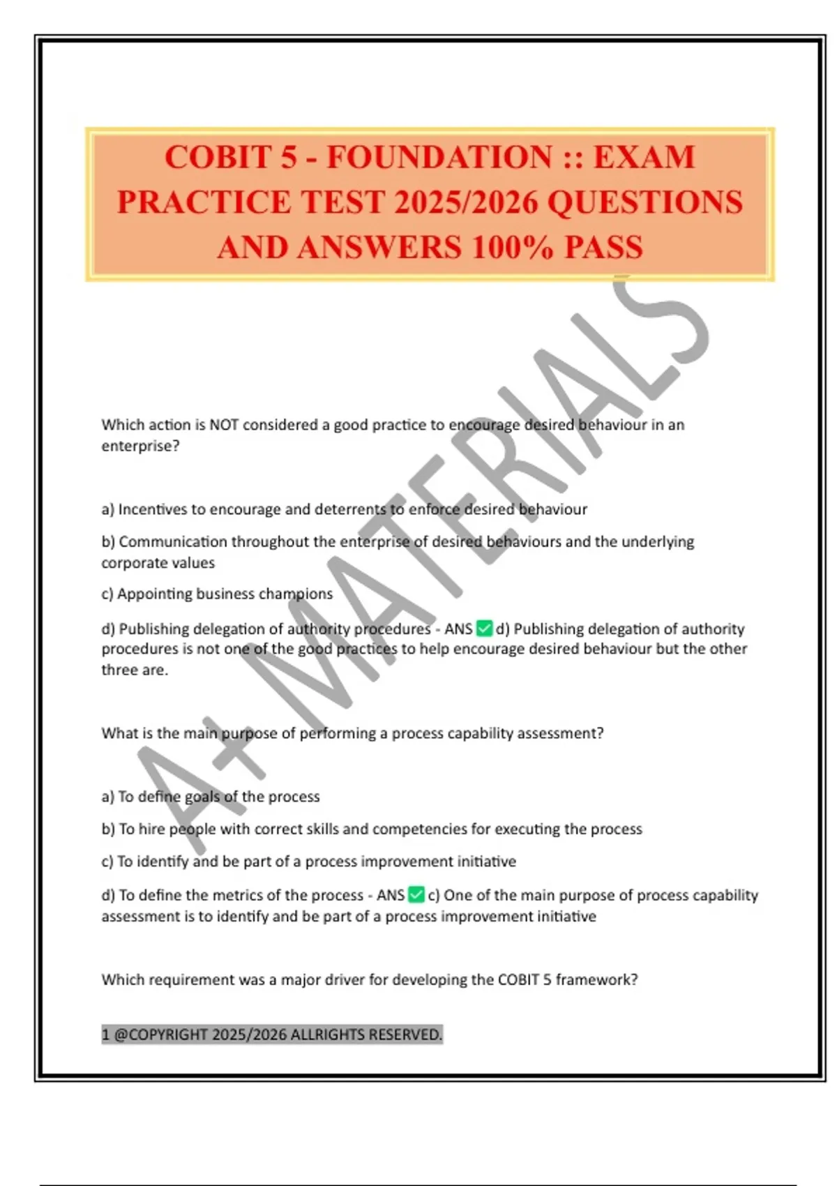 COBIT 5 - FOUNDATION :: EXAM PRACTICE TEST 2025/2026 QUESTIONS AND ...