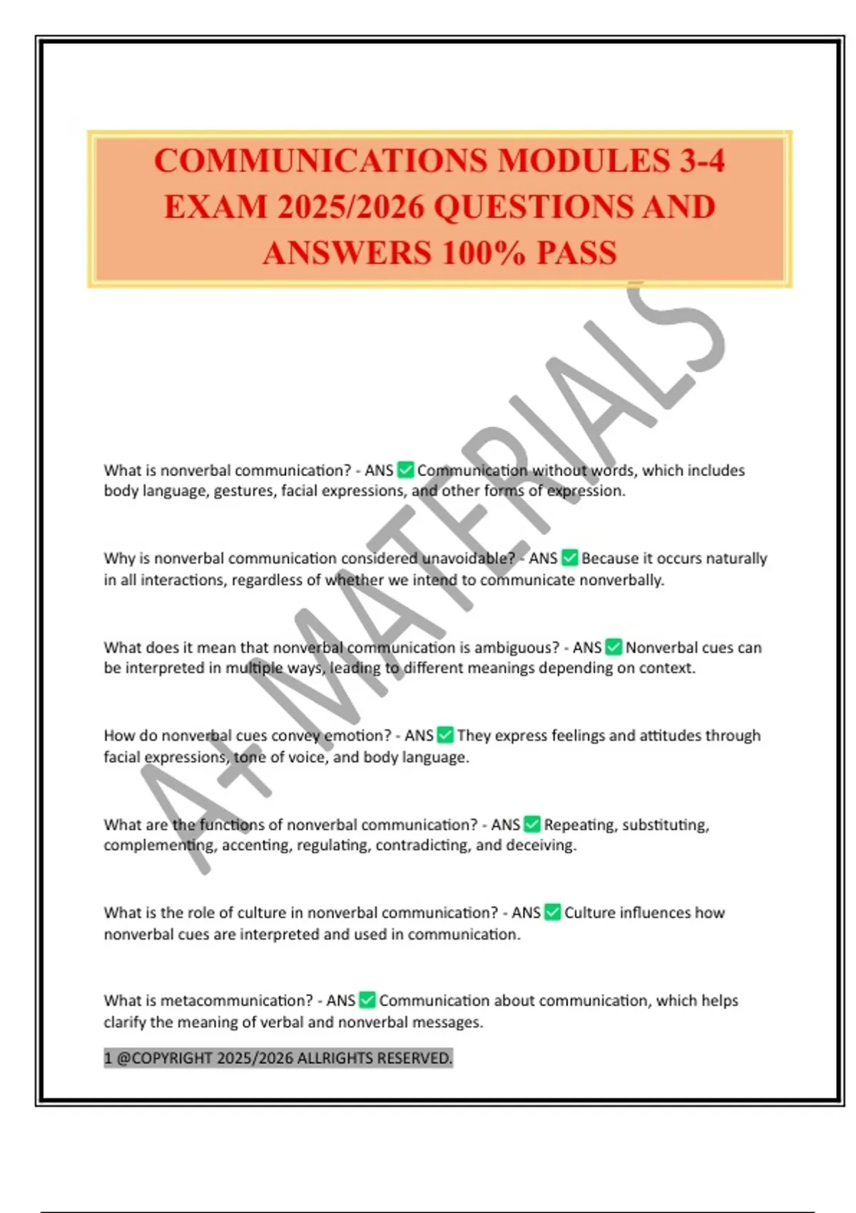 COMMUNICATIONS MODULES 3-4 EXAM 2025/2026 QUESTIONS AND ANSWERS 100% ...