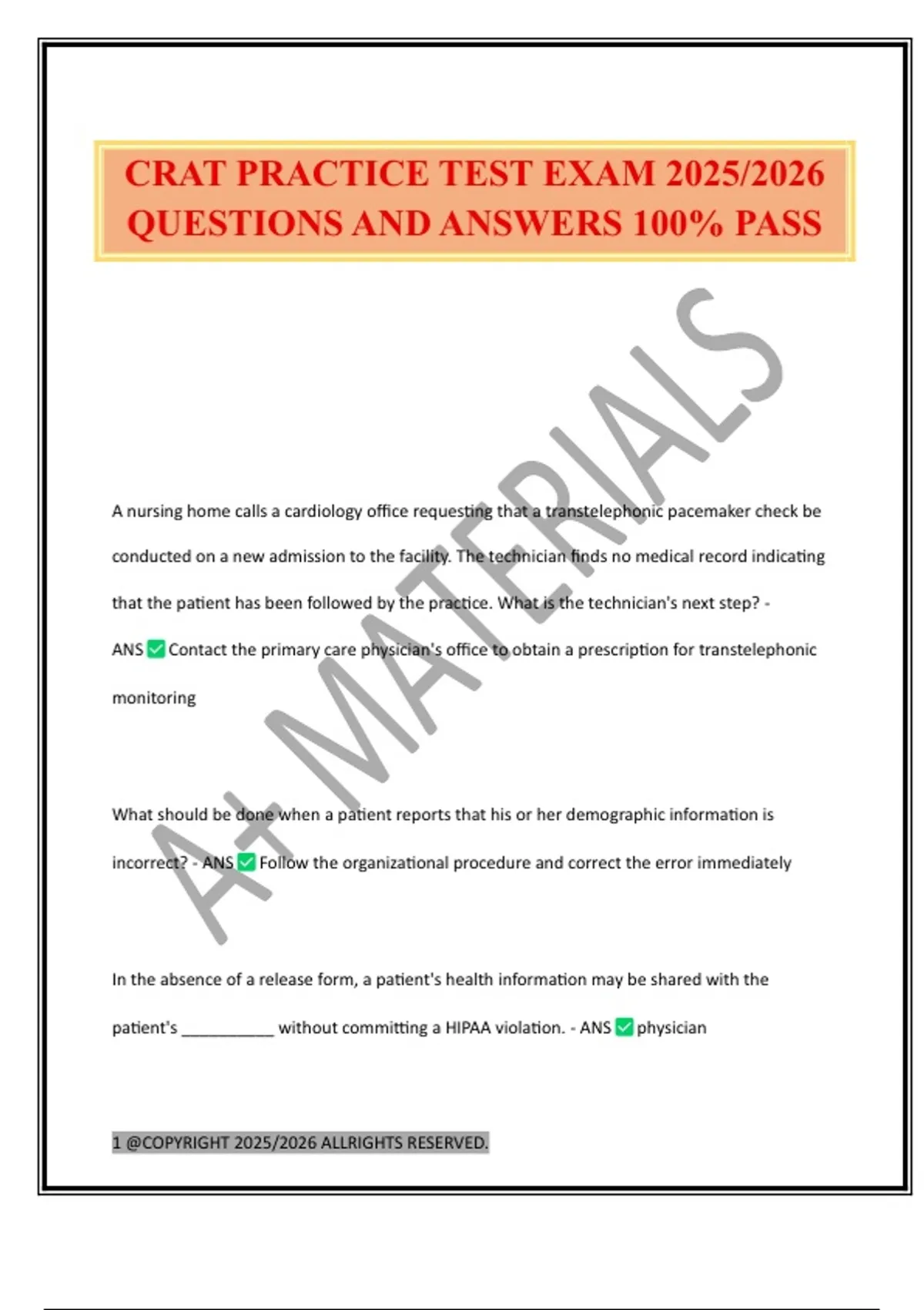 CRAT PRACTICE TEST EXAM 2025/2026 QUESTIONS AND ANSWERS 100% PASS ...