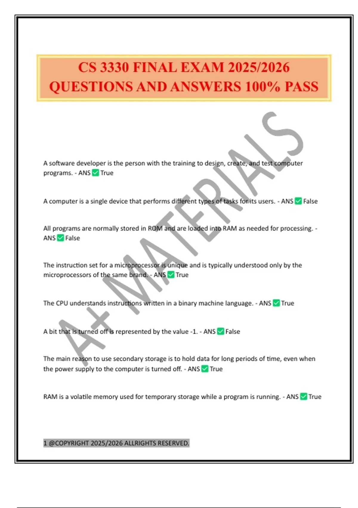 CS 3330 FINAL EXAM 2025/2026 QUESTIONS AND ANSWERS 100% PASS - CS 3330 ...