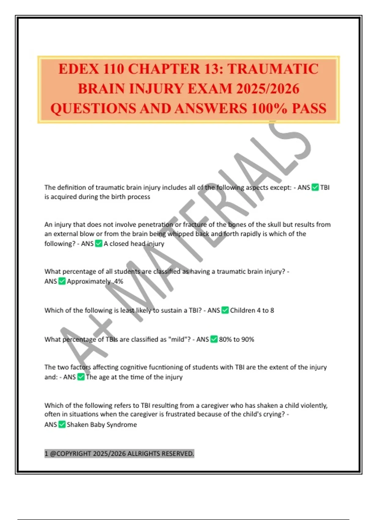 EDEX 110 CHAPTER 13: TRAUMATIC BRAIN INJURY EXAM 2025/2026 QUESTIONS ...