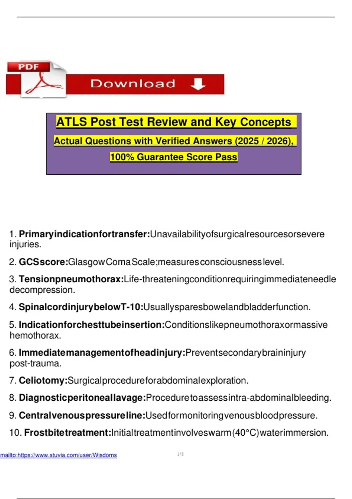 ATLS Post Test Review and Key Concepts Actual Questions with Verified ...