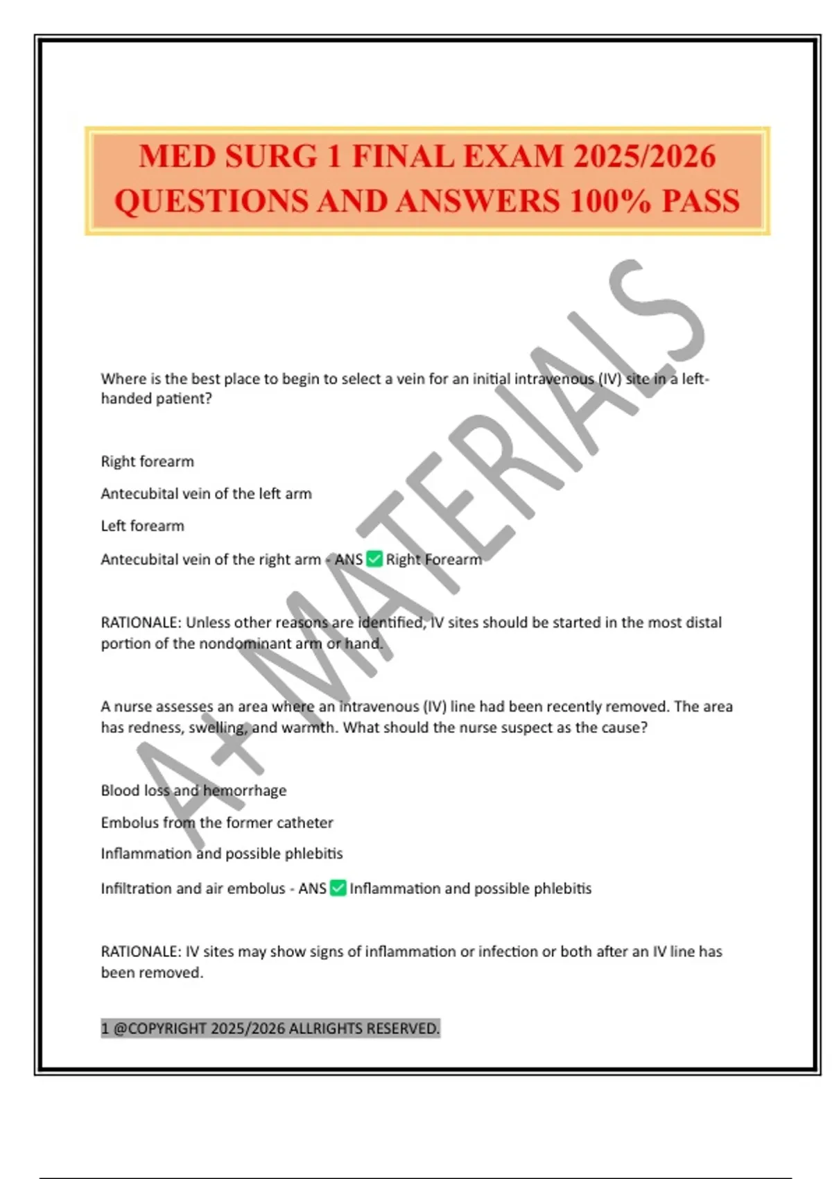 MED SURG 1 FINAL EXAM 2025/2026 QUESTIONS AND ANSWERS 100% PASS - MED ...