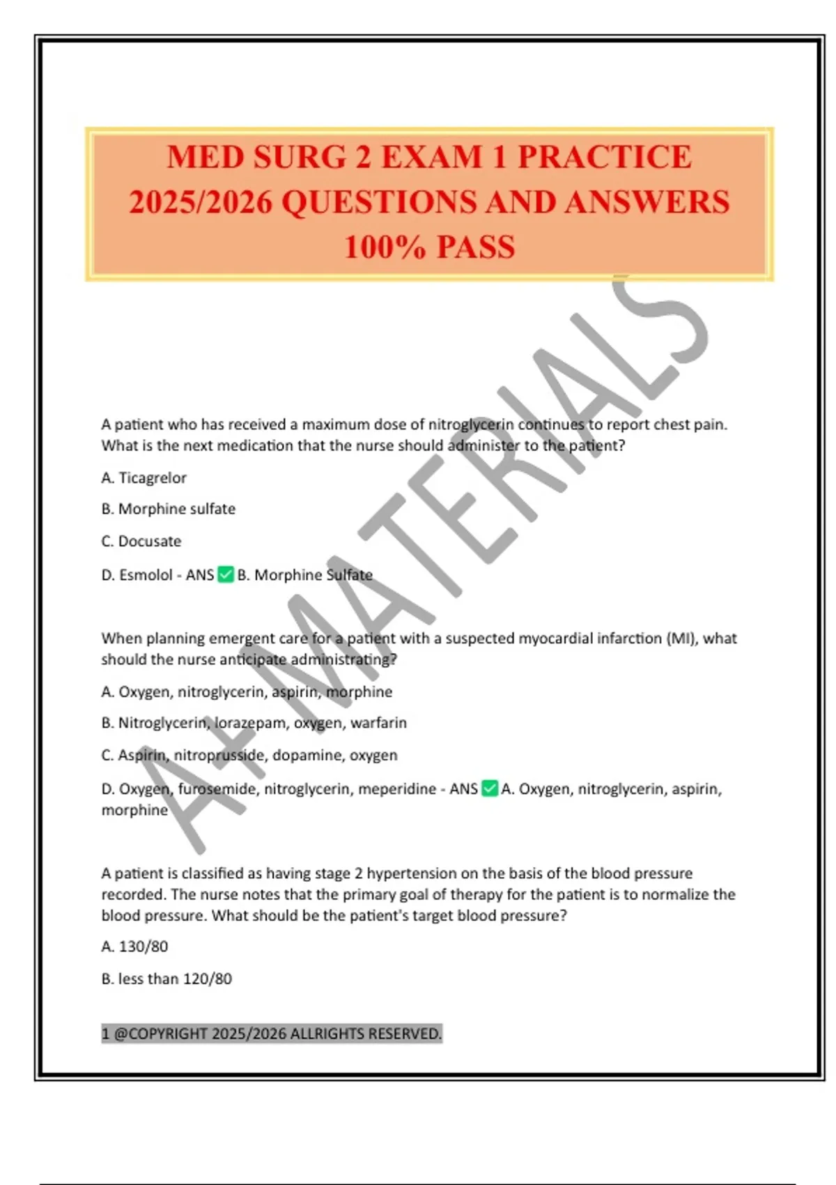 MED SURG 2 EXAM 1 PRACTICE 2025/2026 QUESTIONS AND ANSWERS 100% PASS ...