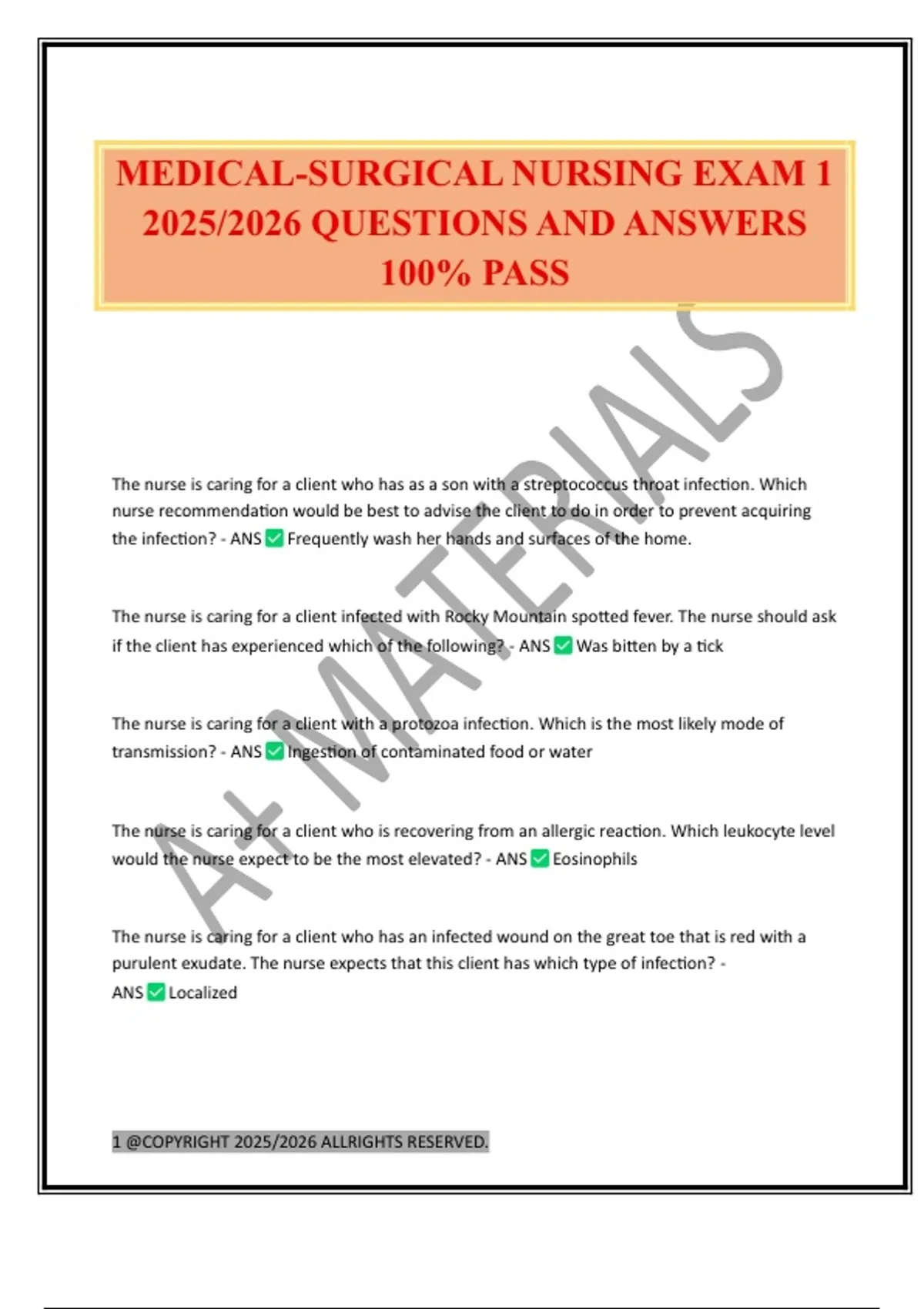 MEDICAL-SURGICAL NURSING EXAM 1 2025/2026 QUESTIONS AND ANSWERS 100% ...