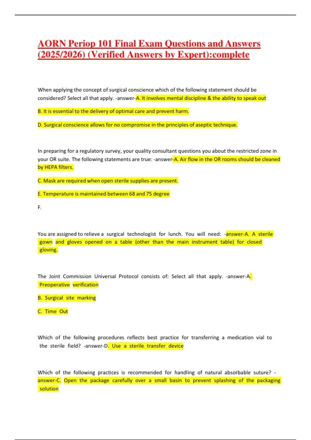 AORN Periop 101 Final Exam Questions and Answers 2025/2026 (Verified ...