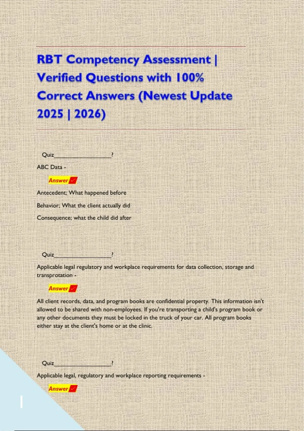 RBT Competency Assessment | Verified Questions with 100% Correct ...