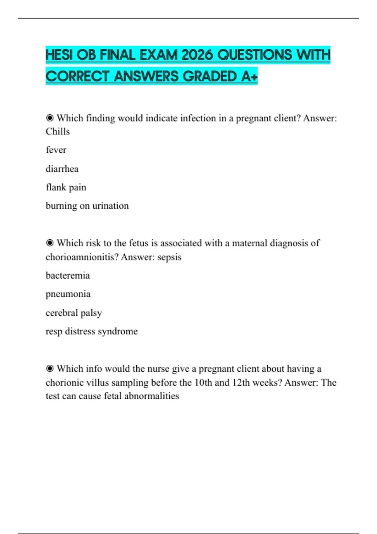 HESI OB FINAL EXAM 2026 QUESTIONS WITH CORRECT ANSWERS GRADED A+ - HESI ...