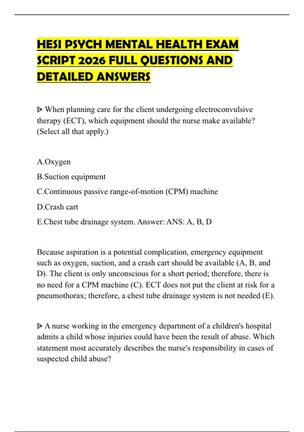 HESI PSYCH MENTAL HEALTH EXAM SCRIPT 2026 FULL QUESTIONS AND DETAILED ...