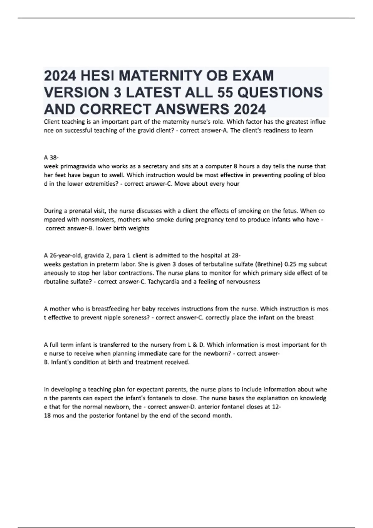 HESI MATERNITY OB EXAM VERSION 3 QUESTIONS AND CORRECT ANSWERS 2026 ...