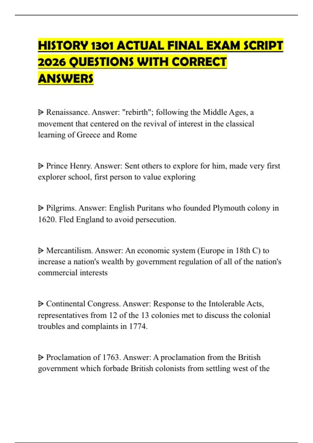 HISTORY 1301 ACTUAL FINAL EXAM SCRIPT 2026 QUESTIONS WITH CORRECT ...