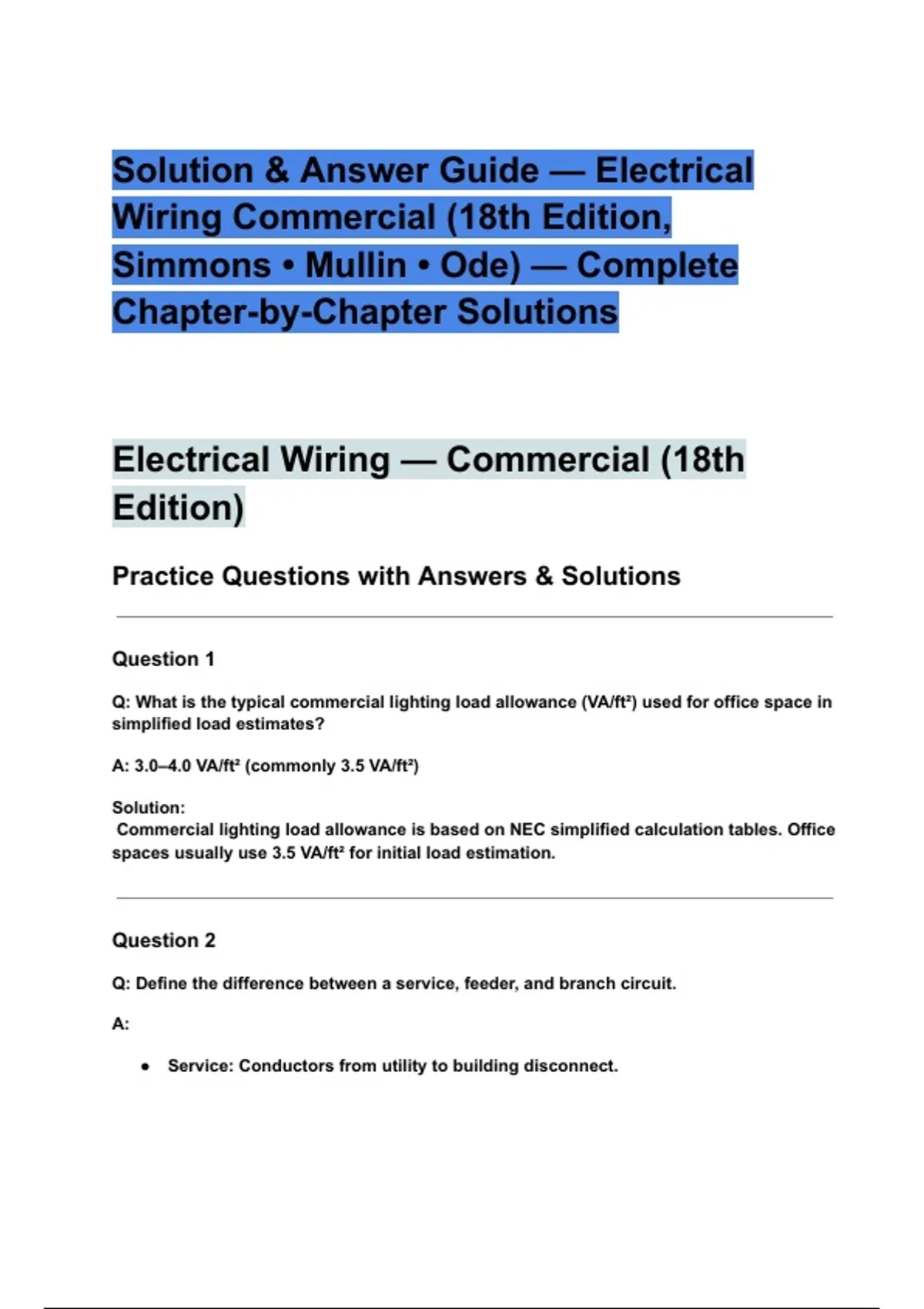 Solution & Answer Guide — Electrical Wiring Commercial (18th Edition, Simmons • Mullin • Ode ...
