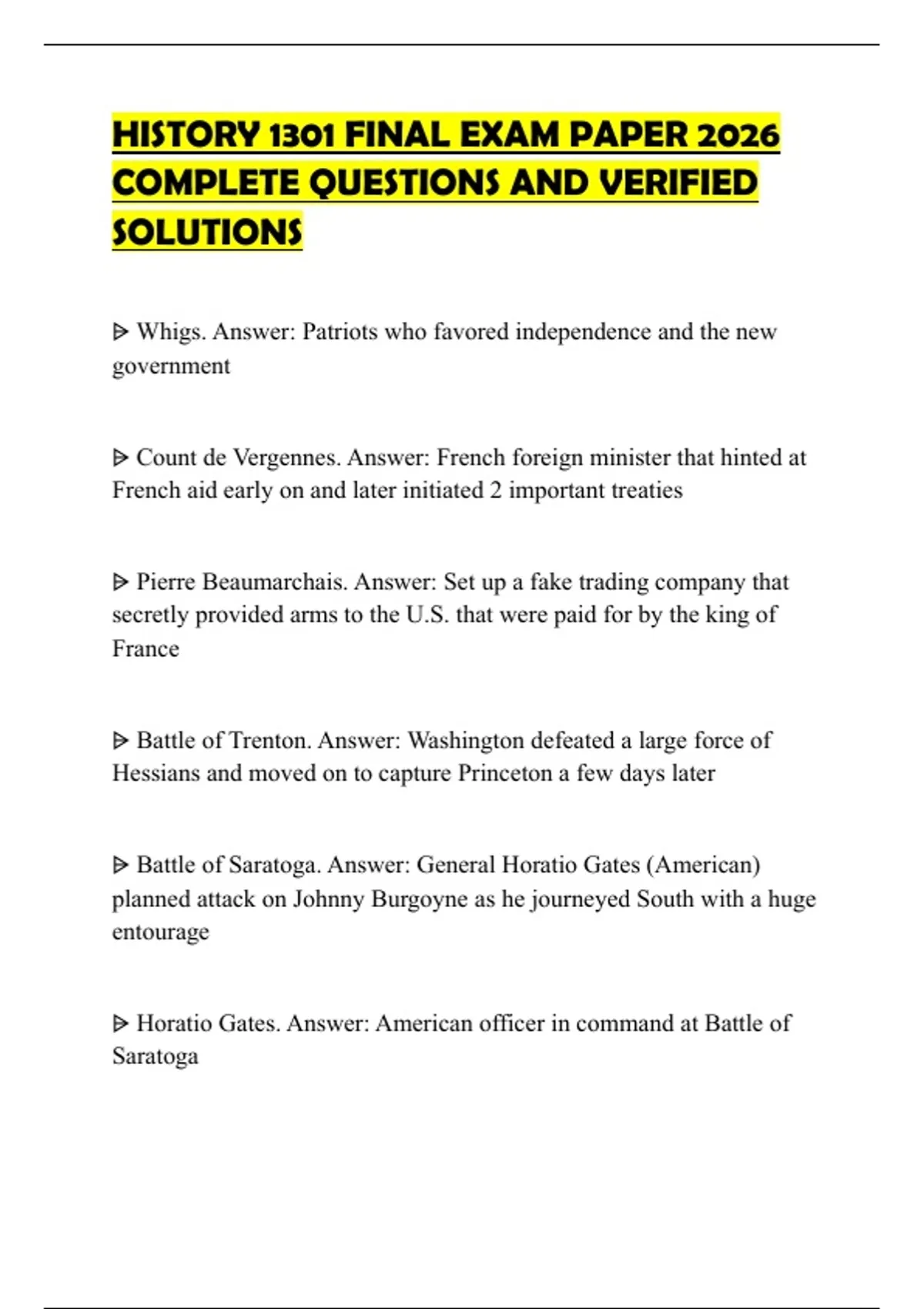 HISTORY 1301 FINAL EXAM PAPER 2026 COMPLETE QUESTIONS AND VERIFIED ...