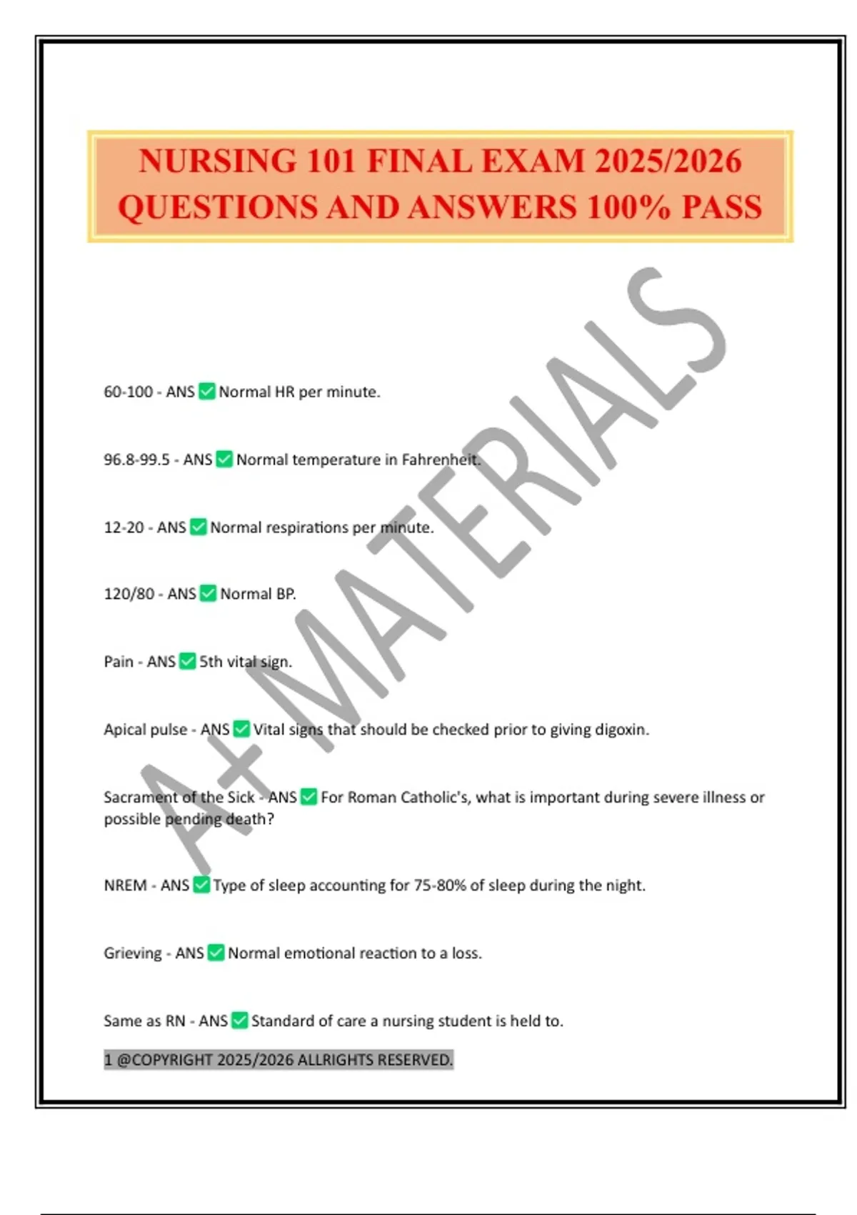 NURSING 101 FINAL EXAM 2025/2026 QUESTIONS AND ANSWERS 100% PASS ...