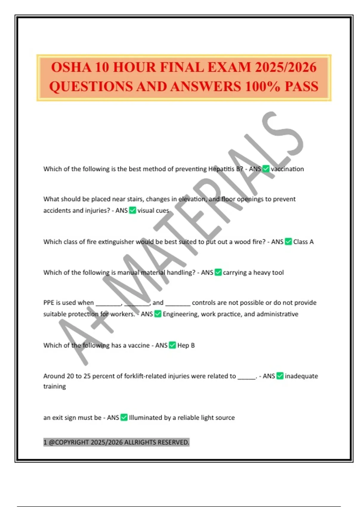 OSHA 10 HOUR FINAL EXAM 2025/2026 QUESTIONS AND ANSWERS 100% PASS ...