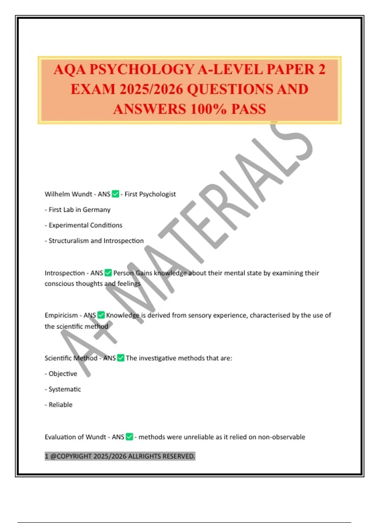 AQA PSYCHOLOGY A-LEVEL PAPER 2 EXAM 2025/2026 QUESTIONS AND ANSWERS 100 ...