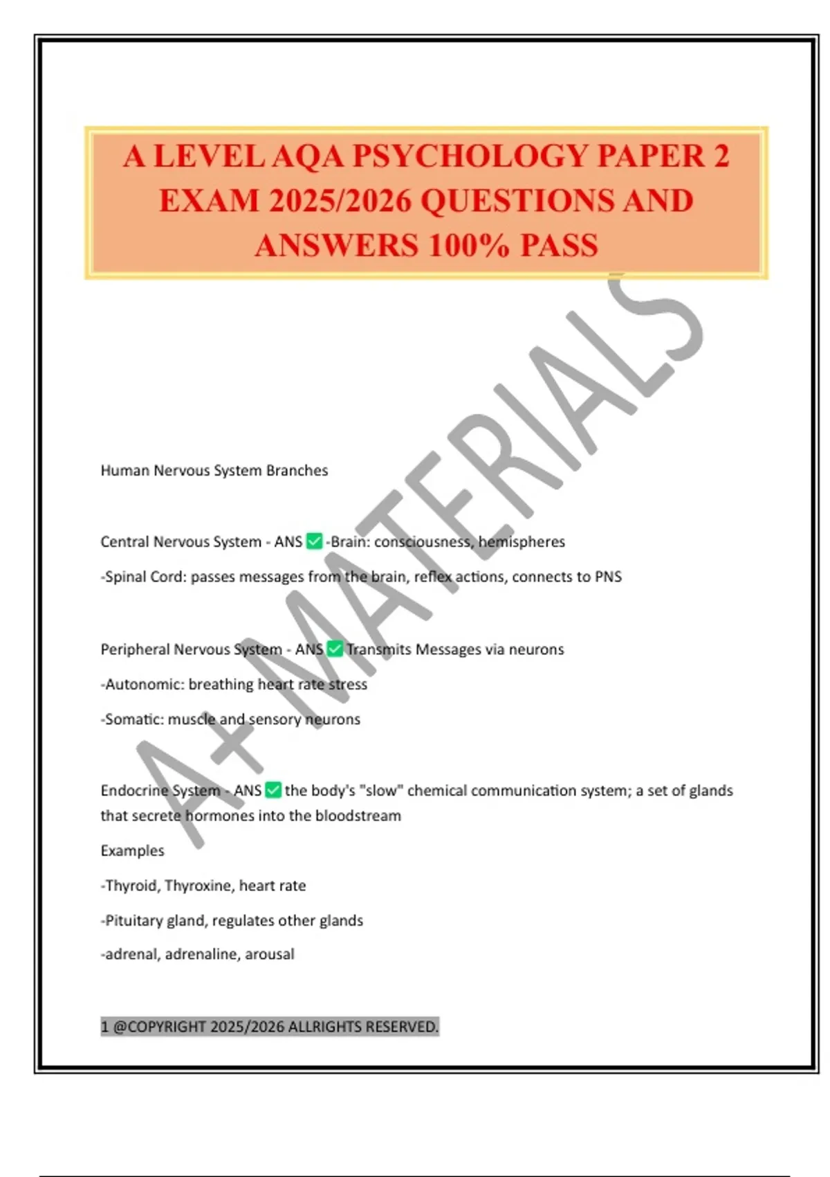 A LEVEL AQA PSYCHOLOGY PAPER 2 EXAM 2025/2026 QUESTIONS AND ANSWERS 100 ...