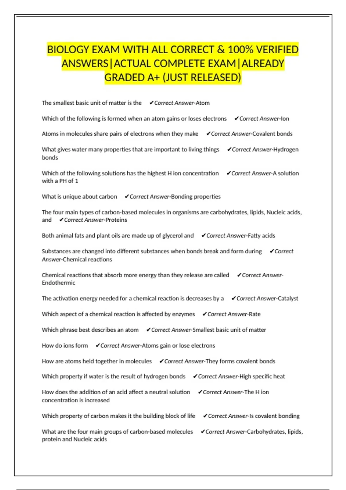 Biology Final Exam Review with all Correct & 100% Verified Answers ...