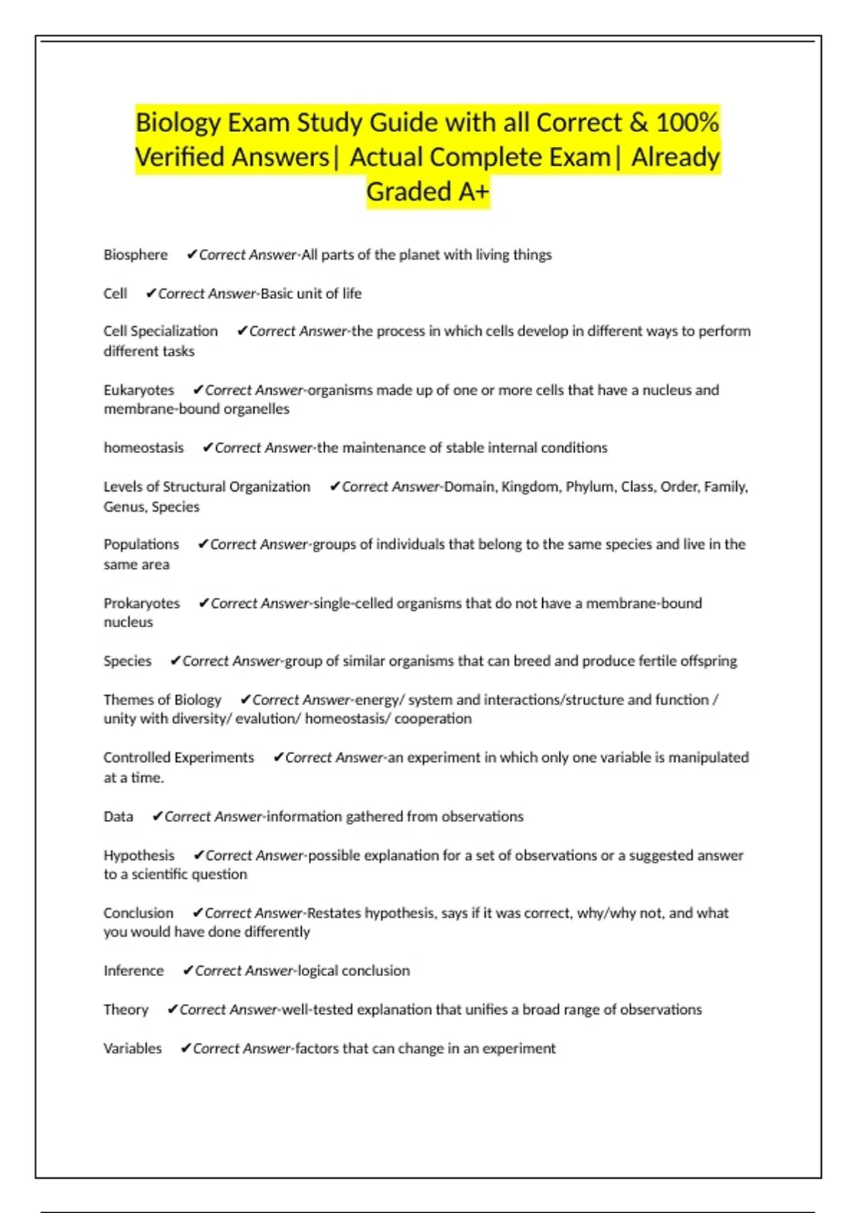 Biology Exam Study Guide with all Correct & 100% Verified Answers ...