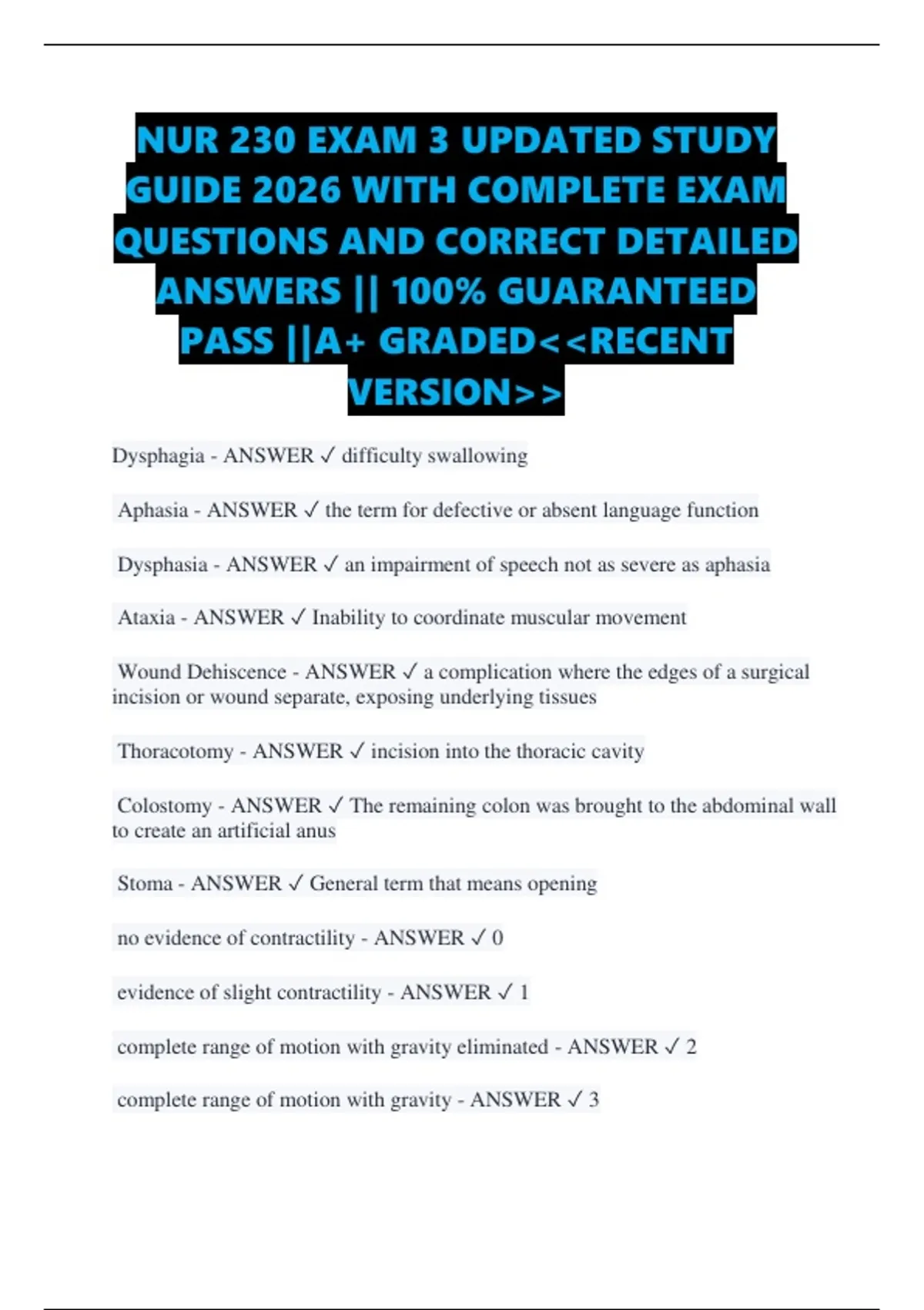 BUNDLE FOR NUR 230 EXAM STUDY GUIDE UPDATED 2026 WITH COMPLETE EXAM ...