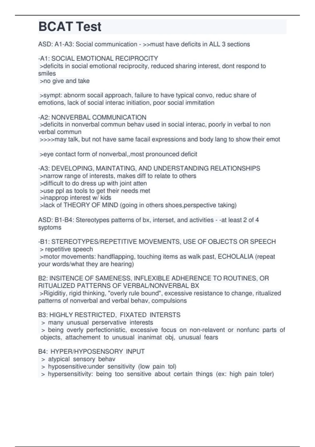 BCAT Test ASD Social Communication Study Guide 2026 A+ - Autism ...