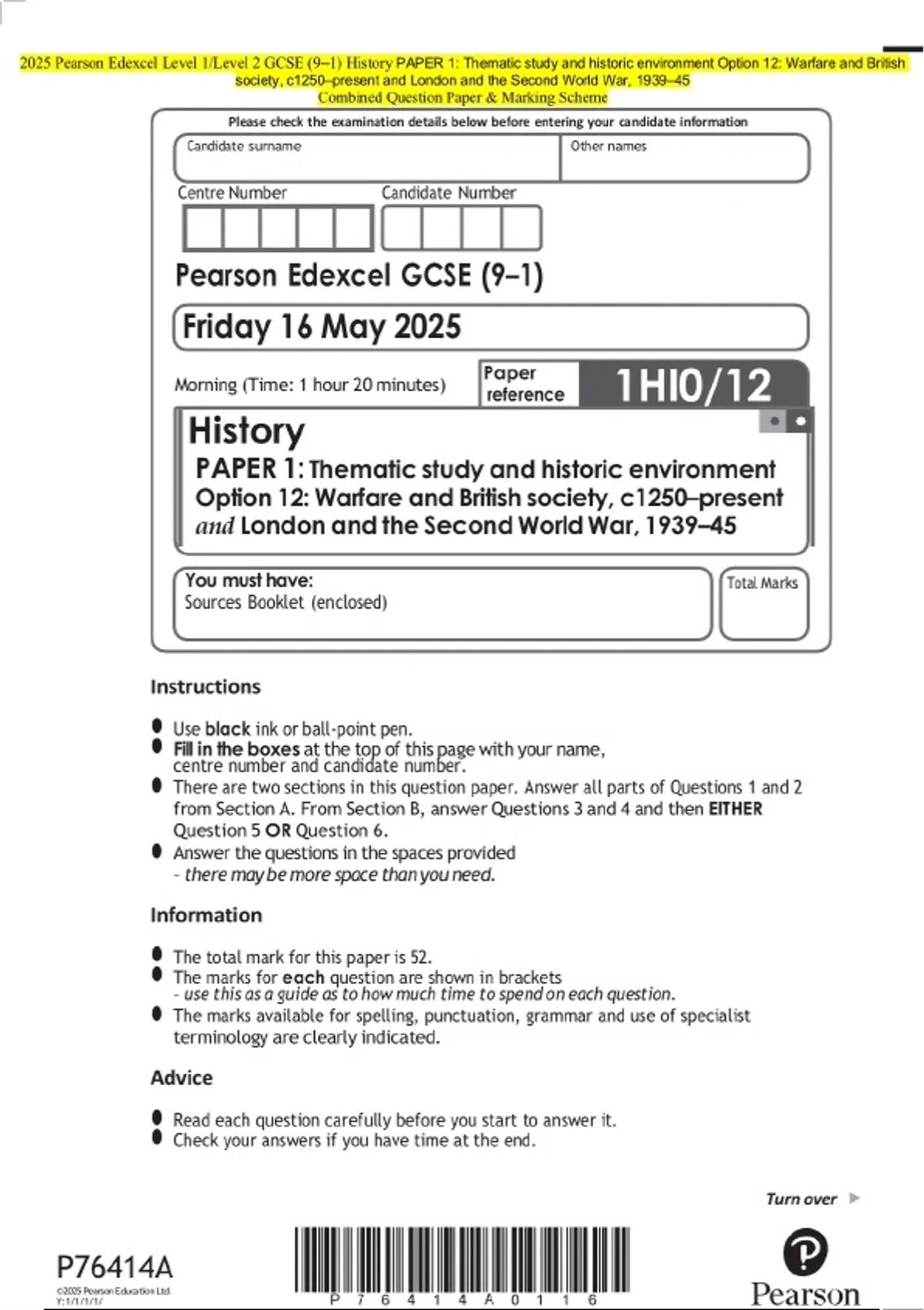 2025 Pearson Edexcel Level 1/Level 2 GCSE (9–1) History PAPER 1 ...