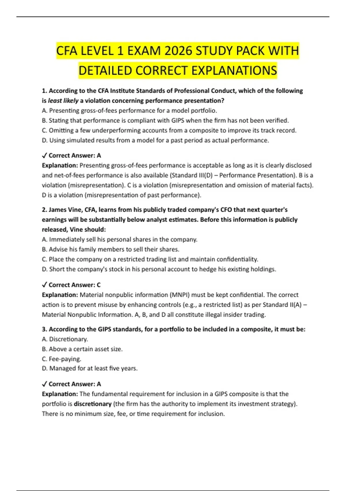 CFA LEVEL 1 EXAM 2026 STUDY PACK WITH DETAILED CORRECT EXPLANATIONS ...