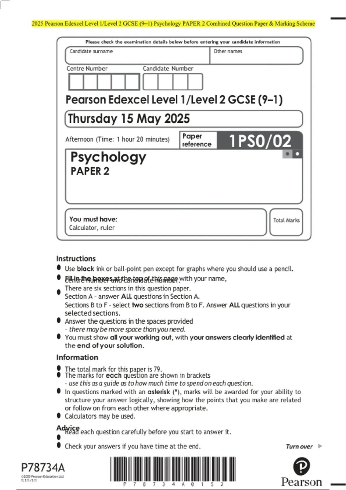 2025 Pearson Edexcel Level 1/Level 2 GCSE (9–1) Psychology PAPER 2 ...
