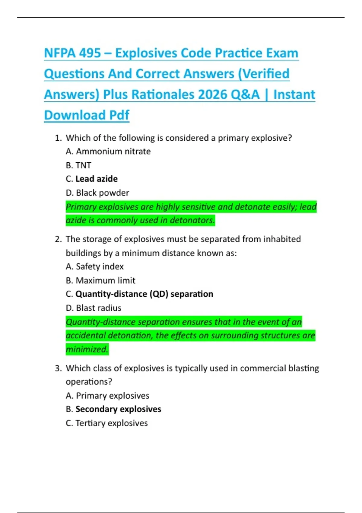 NFPA 495 – Explosives Code Practice Exam Questions And Correct Answers ...