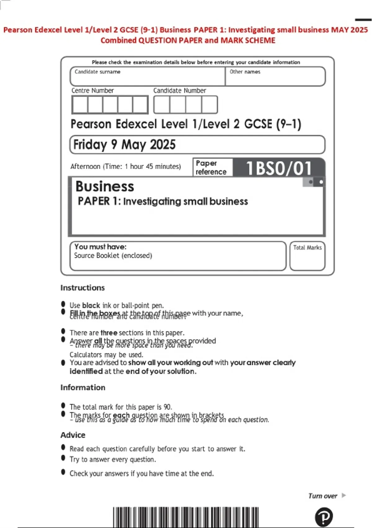 Pearson Edexcel Level 1/Level 2 GCSE (9β1) Business PAPER 1 ...