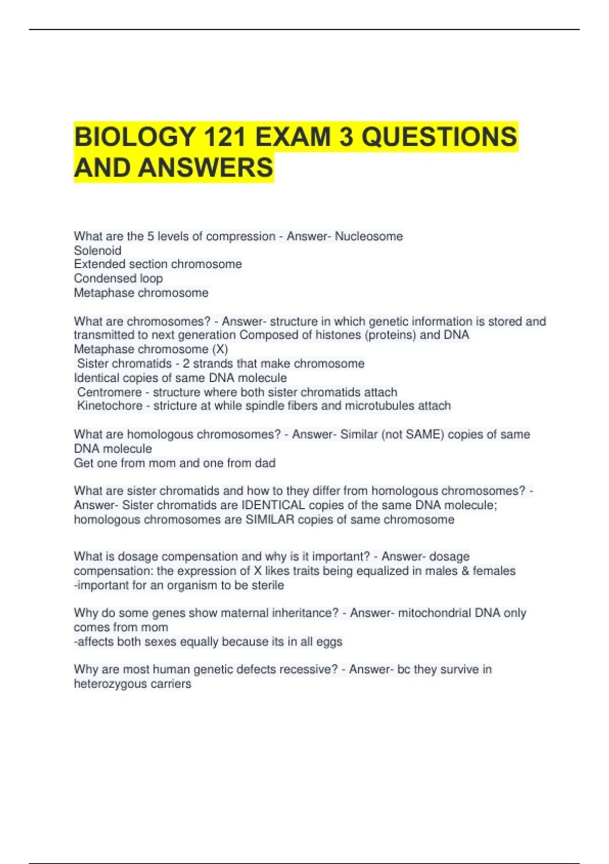 BIOLOGY 121 EXAM 3 QUESTIONS AND ANSWERS - BIOLOGY 121 - Stuvia US