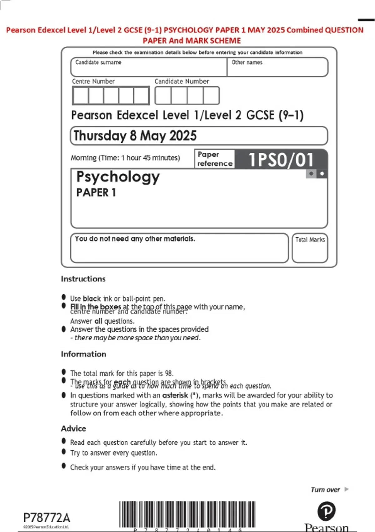 Pearson Edexcel Level 1/Level 2 GCSE (9–1) PSYCHOLOGY PAPER 1 MAY 2025 ...