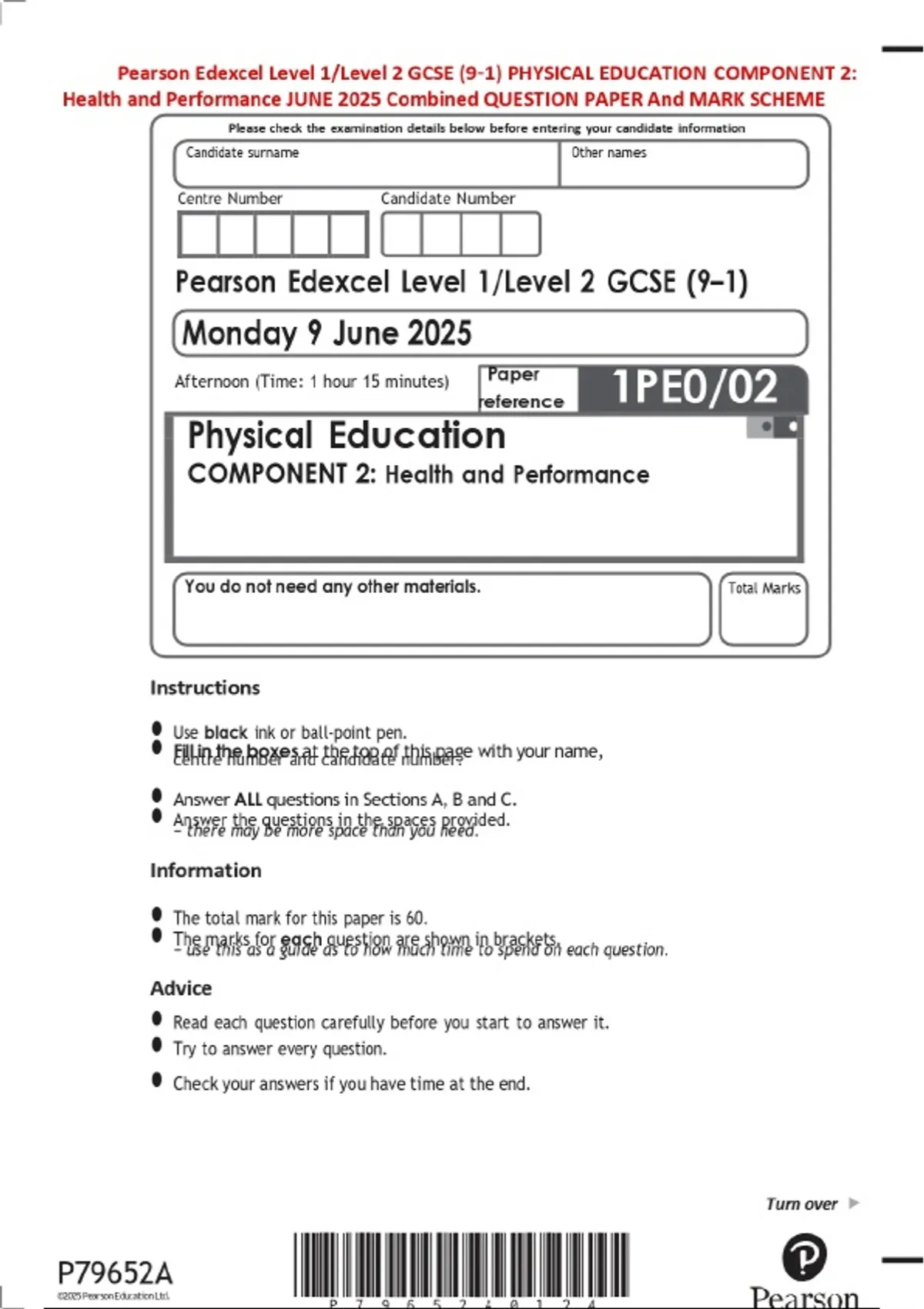 Pearson Edexcel Level 1/Level 2 GCSE (9–1) PHYSICAL EDUCATION COMPONENT ...