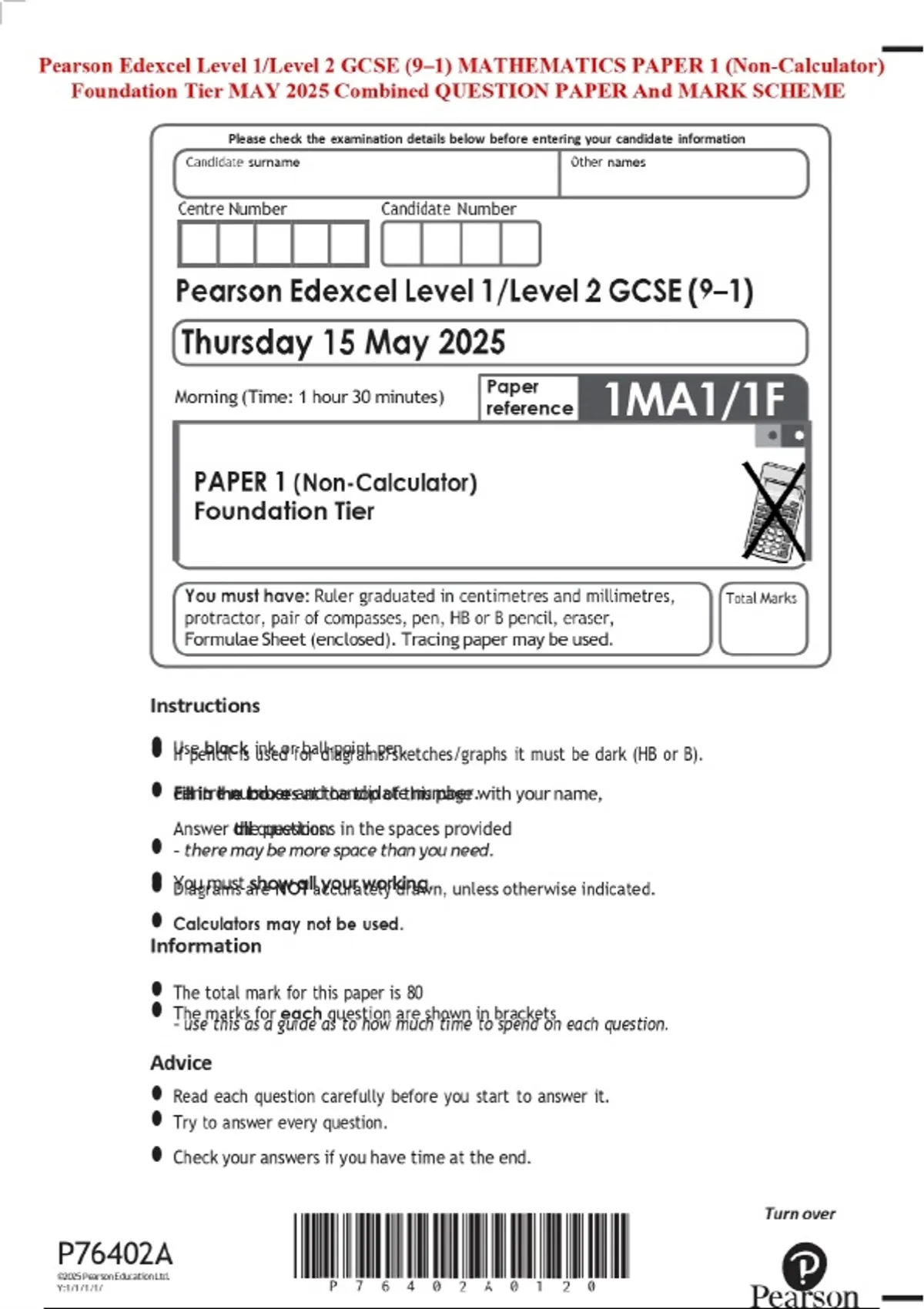 Pearson Note Paper Pearson Edexcel Level 1/Level 2 GCSE (9–1) MATHEMATICS PAPER 1 (Non ...