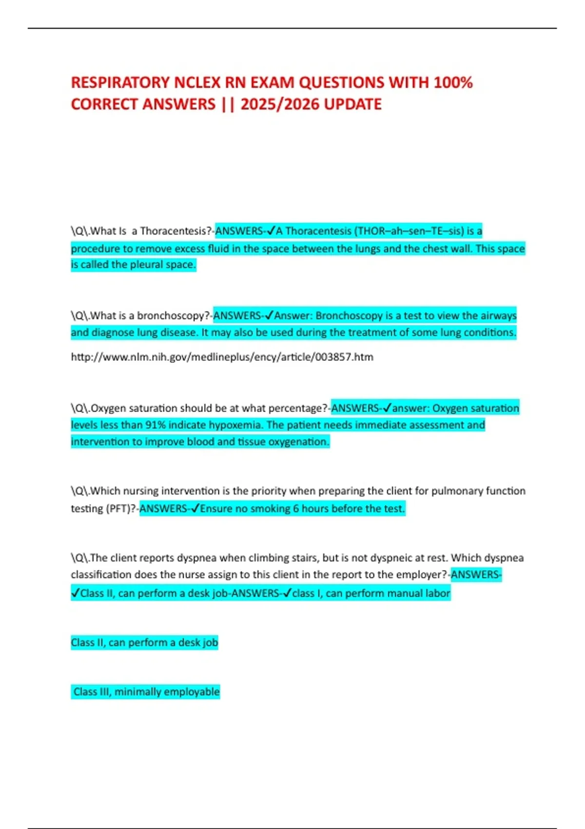 RESPIRATORY NCLEX RN EXAM QUESTIONS WITH 100% CORRECT ANSWERS || 2025/ ...