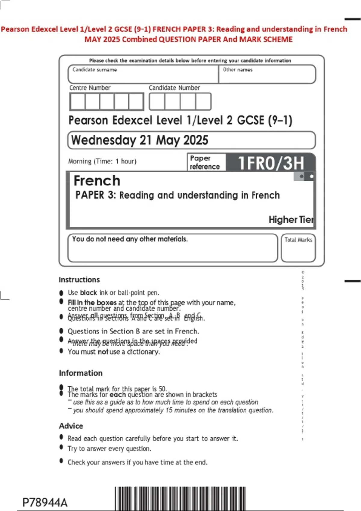 Pearson Edexcel Level 1/Level 2 GCSE (9–1) FRENCH PAPER 3: Reading and ...