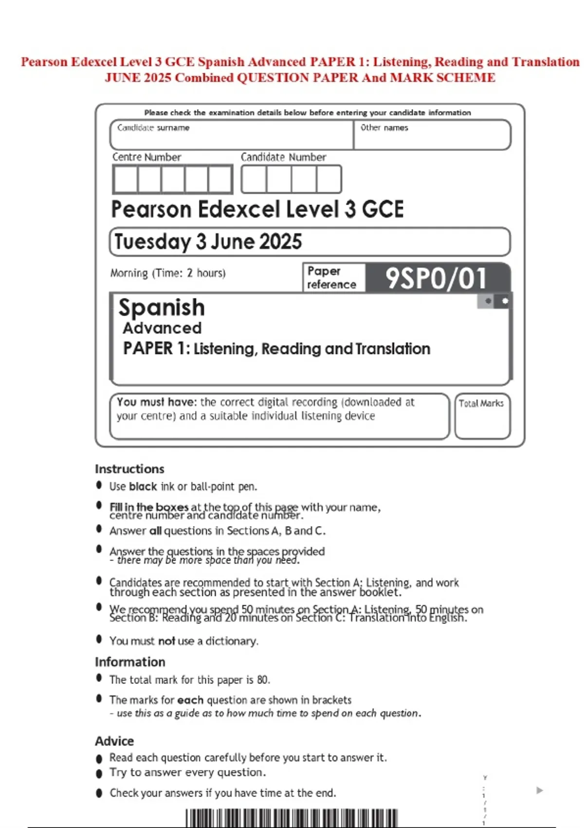 Pearson Edexcel Level 3 GCE Spanish Advanced PAPER 1: Listening ...