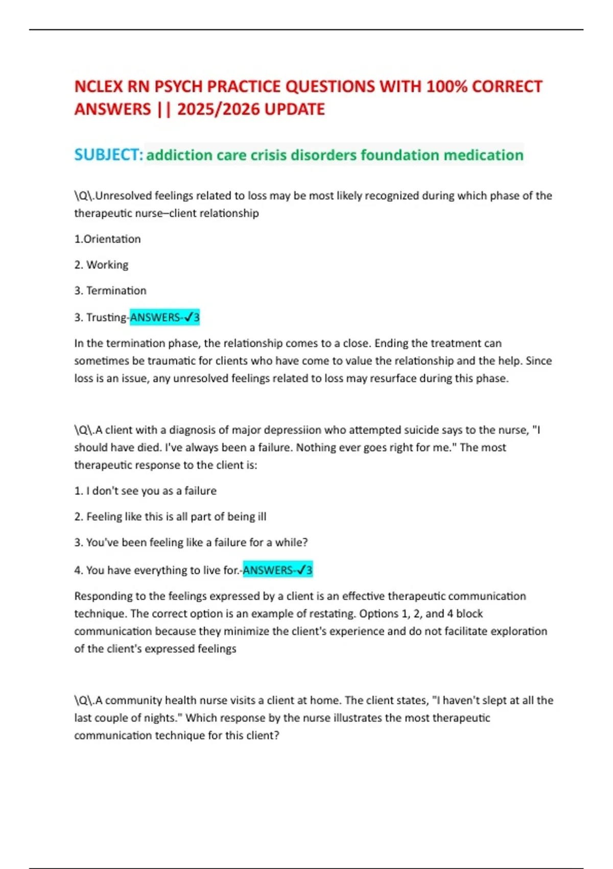 NCLEX RN PSYCH PRACTICE QUESTIONS WITH 100% CORRECT ANSWERS || 2025/ ...