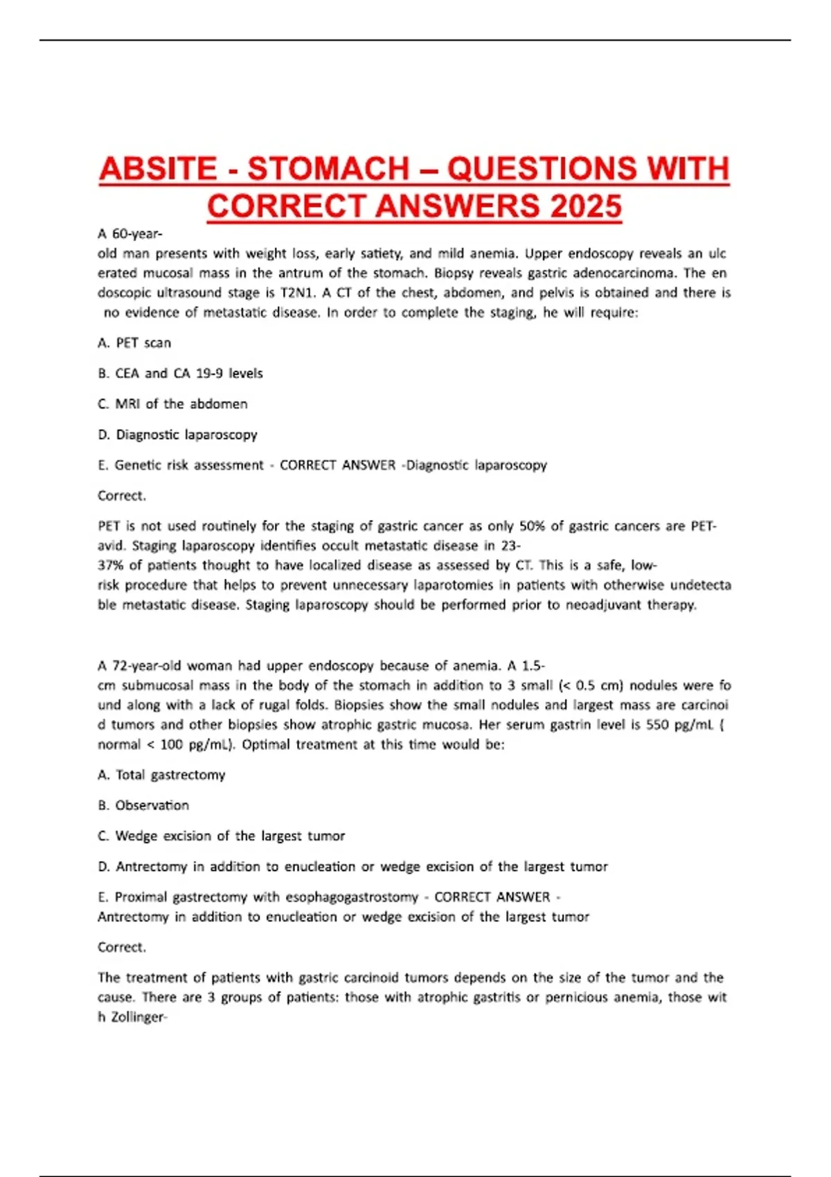 ABSITE - STOMACH – QUESTIONS WITH CORRECT ANSWERS 2026 - ABSITE - Stuvia US