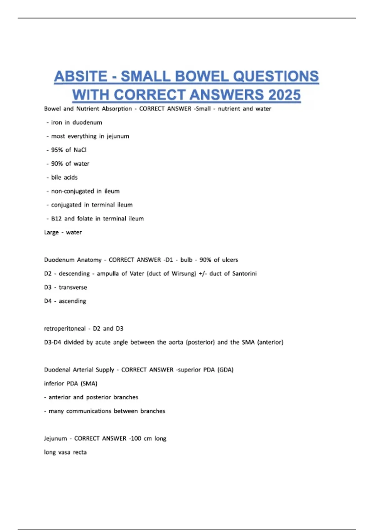 ABSITE - SMALL BOWEL QUESTIONS WITH CORRECT ANSWERS 2026 - ABSITE ...