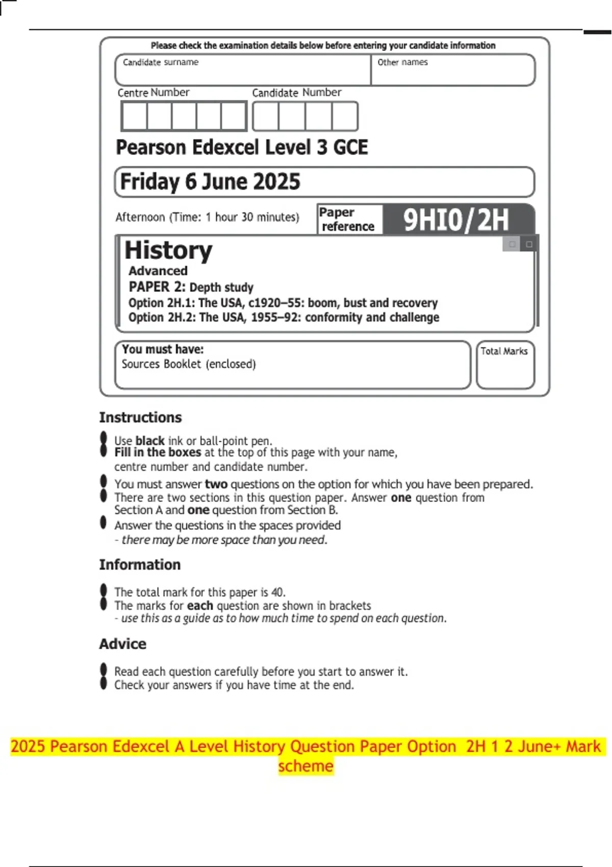2025 Pearson Edexcel A Level History Question Paper Option 2H 1 2 June ...